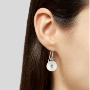 White Round 14.5 MM Tiffany Style Pearl Drop Diamond Earrings 14K White Gold